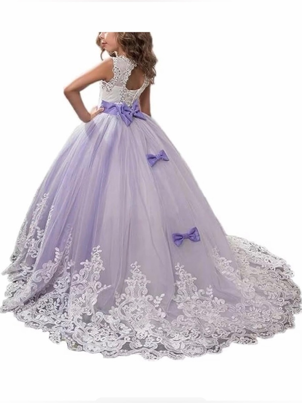 Lace Bodice Lavender Tulle Flower Girl Dress with Bows
